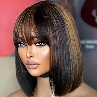 Highlight Ombre Short Brown Straight Bob Wig with Bang Human Hair for Women Scalp Top Human Hair Wigs with Bang Glueless Wigs Realistic Look Wear and Go Friendly 12inch 180Density