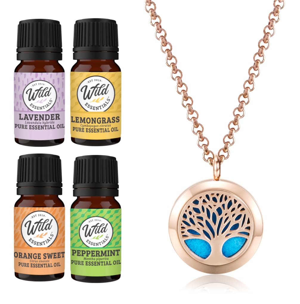 Wild Essentials Rose Gold Tree of Life Necklace Essential Oil Diffuser Kit, Lavender, Lemongrass, Peppermint, Orange Oils, 12 Refill Pads, Calming Aromatherapy Gift Set, Customizable Color Changing