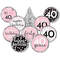 Pink, Black, and White Birthday Party Favor Stickers - Chocolate Kisses Candy Labels - 180 Count - Chic Birthday Party Supplies (40th Birthday)