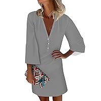 3/4 Sleeve Dress for Women, Casual Dresses V Neck Three Quarter Button Sundress Summer Business 2024, S XXXL
