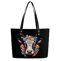 Floral Cow Head Women's Handbag PU Leather Tote Bag Purses Top Handle Shoulder Bags for Work Travel Business Shopping Casual