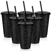 6 Pcs Reusable Tumbler with Lids and Straws Plastic Iced Coffee Tumbler Glitter Travel Mug Cup for Smoothie Juices Birthday Party Cold Drink Cup Coffee Cup Bulk for Adult Kid Women (Black,16 oz)