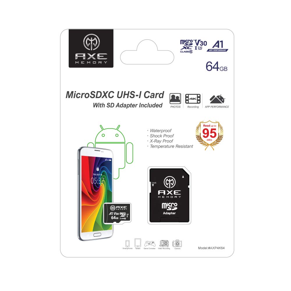 AXE MEMORY 64GB Micro SD Card 4K Ultra Full HD Video High Speed MicroSDXC Up to 95MB/S A1 V30 UHS-I U3, with SD Adapter