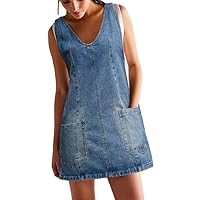 BerryGo Women's Denim V Neck Sleeveless Overall Dress Casual Mini Pinafore Dress Short Jumper Jeans Dress with Pocket