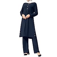 IBTOM CASTLE Muslim Clothes for Women Long Sleeve Loose Ramadan Tracksuit Islamic Clothing Blouse Wide Leg Pant Suits 2Pcs
