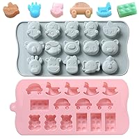 2 Pieces Bear Candy & Chocolate Molds Non-stick Silicone Baking Mold for Candy, Marshmallow, Jelly, Gummy, Ice Tray, Soap, Cupcake Decoration - Blue and Pink (Car, Wooden Horse)