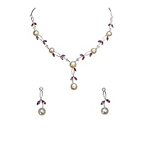 Faship Gorgeous CZ Crystal Genuine Freshwater pearls Floral Necklace Earrings Set