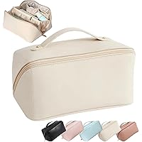 Large Capacity Cosmetic Travel Bag, Women's Wide Opening Makeup Portable Leather Storage Organizer Bags with Handle and Divider, (Cream)