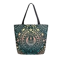 ALAZA Moon Sun Star Alchemy Large Canvas Tote Bag Shopping Shoulder Handbag with Small Zippered Pocket