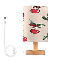 ALAZA Table Lamp with USB Port Bedside Lamp Red Cherry Bow Retro Valentine Day Fabric Print Wallpaper Doodle Small Nightstand Lamp Desk Lamp for Bedroom Gifts Office Living Room Decor