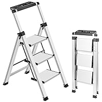 3 Step Ladder, Retractable Handgrip Folding Step Stool Ladders with Anti-Slip Wide Pedal, Aluminum 3 Steps, 330lbs Safety Household Ladder