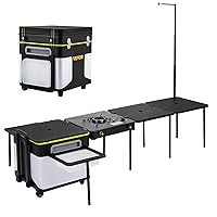 VEVOR Camping Kitchen, Outdoor Cooking Station Multifunctional Integrated Box with Wheels & Windproof Stove Portable Folding Tables Storage Organizer, for Picnic BBQ Beach Traveling, Black