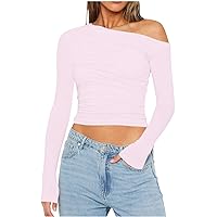 Women's Off Shoulder Slim Fit Crop Top Sexy Asymmetrical One Shoulder Long Sleeve T-Shirts Tight Comfy Solid Shirts