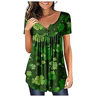 Womens St Patricks Tops,Women's Henley Neck Irish Shamrock Print Casual T-Shirt Short Sleeve Live Button Top