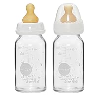 HEVEA Standard Neck Glass Baby Bottles - Natural Rubber Slow Flow Nipples - Anti Colic Baby Bottles for Breastfeeding Babies - Newborn 0+ Months - BPA-Free, Two-Pack (4 Oz)