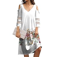 Deal Cold Shoulder Dress for Women 2024 Bohemian Print Casual Sexy Patchwork with 3/4 Length Sleeve V Neck Dresses Pink XX-Large