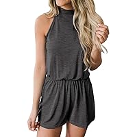 MEROKEETY Women's Summer Halter Neck Elastic Waist Solid Color Shorts Jumpsuit Rompers with Pockets