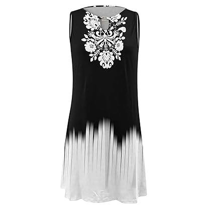 Women's Summer Mini Dress Casual Floral Print Hollow Neck Sleeveless Beach Dresses Trendy 2024 Loose Boho Sundress
