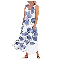 Dresses for Women 2024 Linen Sleeveless Round Neck Loose Solid Colour Casual Print Plus Size Dress with Pockets