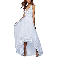 Women's High Low Beach Wedding Dress Long V Neck Tulle Bridal Gowns with Lace Light Blue