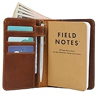 Leather field notes wallet cover for memo – pocket sized notebook, fits 3.5” x 5.5” notebooks, separate pocket for cash, real top grain leather, multiple pockets for extra functionality and pen loop