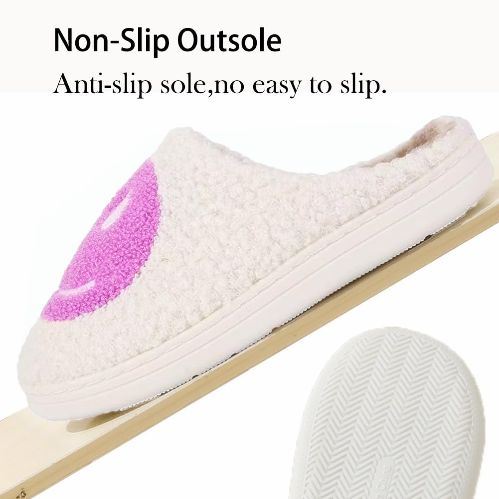 LINWIND Fuzzy Slippers for Women Men, Cute Retro Fluffy Happy Face House Slippers, Plush Memory Foam Slippers for Women Indoor and Outdoor Cozy Trendy Slip-On Shoes