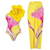 IMEKIS Women 2 Piece Swimsuit with Cover Ups Set Flower Swimwear Sarong Bathing Suits Summer Holiday Outfit Beachwear