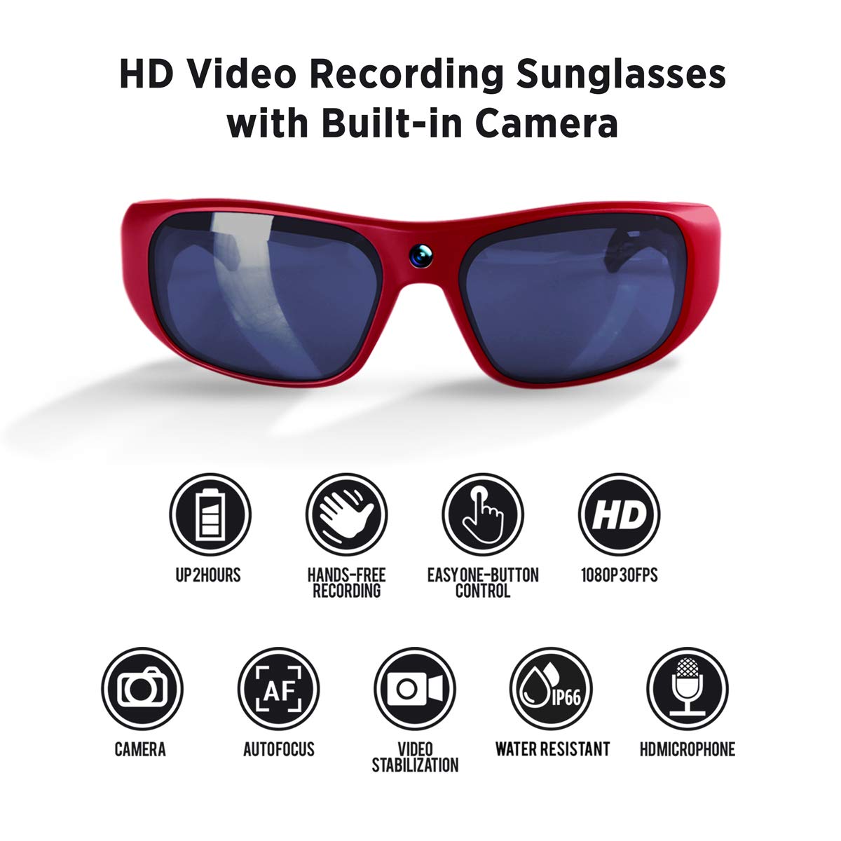 GoVision Water-Resistant Red Apollo 1080p Video Recording Sunglasses with UV Lenses, Built in Rechargeable Battery, 8GB Memory, Hard case and Acces...