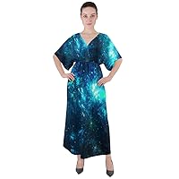 CowCow Womens Starry Night Sky Moon Stars Space Constellations Planets V Neck Boho Style Maxi Dress, XS-3XL