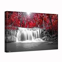Fall Tree Forest Pictures Canvas Print Black and White Red Waterfall Autumn Landscape Painting Wall Art for Home Living Room Bedroom Decorations Framed Ready to Hang 24x36