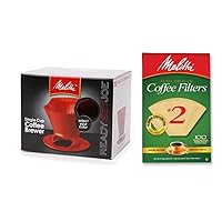Melitta Pour Over Coffee Cone Brewer & #2 Filter Natural Brown Combo Set, Red