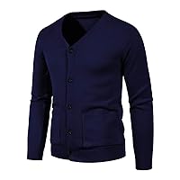 Men's Solid Color Long-Sleeve Cardigan Sweater V Neck Button Down Knitted Sweater with Pockets
