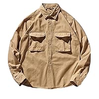 Autumn American Retro Woven Tooling Shirt Men' Cotton Washed Long Sleeve Double Pocket Casual Blouses Coat