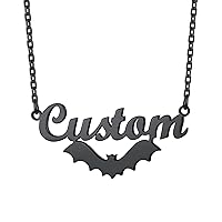 Bat Name Necklace Personalized Custom Nameplate Necklaces Stainless Steel/925 Sterling Silver, Customized Gothic Jewelry Gifts for Women Men Halloween Birthday (Gift Box)