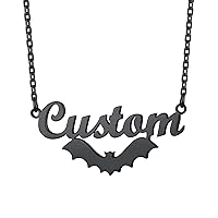 Custom4U Bat Name Necklace Personalized Custom Nameplate Necklaces Stainless Steel/925 Sterling Silver, Customized Gothic Jewelry Gifts for Women Men Halloween Birthday (Gift Box)