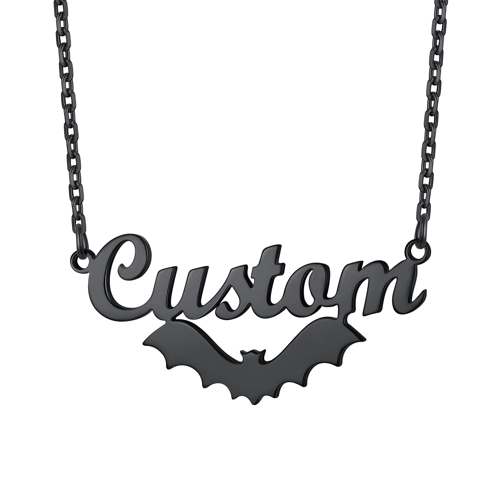 Custom4U Bat Name Necklace Personalized Custom Nameplate Necklaces Stainless Steel/925 Sterling Silver, Customized Gothic Jewelry Gifts for Women Men Halloween Birthday (Gift Box)