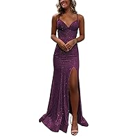 Spaghetti Strap Sequin V Neck Mermaid Prom Dress Sparkly Formal Dresses Evening Gowns with Slit PU042
