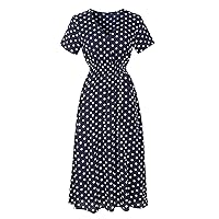 Maxi Dresses for Women, Women's Casual Chiffon Printed V-Neck Waist Long Sleeve Swing Swallowtail Dress