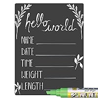 Hello World Newborn Baby Announcement Sign with Chalkboard Style Surface, 5 by 7 Inches, Green Marker