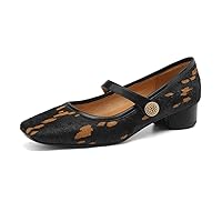 Big Size Horsehair Square Toe Leopard Print Shallow Buckle Strap Mary Janes Shoes Chunky Heels Elegant Mature Women Pumps