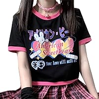 Y2K Japanese Harajuku Clothes Pastel Goth Crop Tops Crewneck Kawaii Fashion Cartoon Print Sweetheart T-Shirt