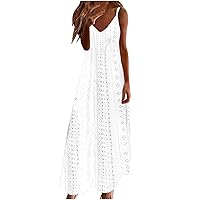 Women Strap Summer Dress Eyelet V Neck Spaghetti Strap Midi Dresses Casual Solid A-Line Flowy Sundress Beach Dress