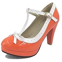 Women Block Heel T Strap Mary Jane Pumps Bows