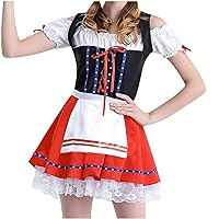Womens Oktoberfest Costume, Halloween Beer Maid Lace Hem Costumes Cold Shoulder Lace-up Bavarian Dirndl Dresses