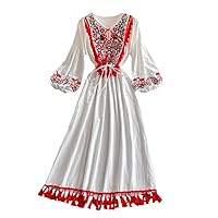 Retro Ethnic Embroidery Tassel Maxi Dress Female V-Neck Puff Sleeve Lace Cotton Linen Midi Dress