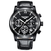 GUANQIN Men's Quartz Watch Fashion Men Analog Sport Watch Stainless Steel and Genuine Leather Luxury Design Luminous Date Chronograph Display Waterproof, black leather