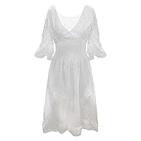 XJYIOEWT Sundresses for Women 2024 Casual Beach,Women's Comfortable Loose Fit High Waist Embroidered Solid V Neck Dress