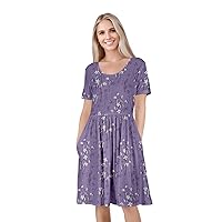 Women's Short Sleeve Empire Knee Length Dress with Pockets White/Purple