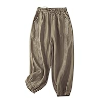 Womens Vintage Crop Harem Pants Ethnic Style Lace Trim Baggy Pants Cotton Linen Casual Elastic Waist Palazzo Trouser
