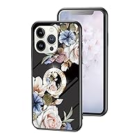 for iPhone 14 13 12 11 8 7 X XS XR Plus Pro Max Glossy Slim Bumper, Exquisite Flowers Tempered Glass Phone case with Bling Rhinestones Finger Ring Holder for Women Girls(Black,XS MAX)